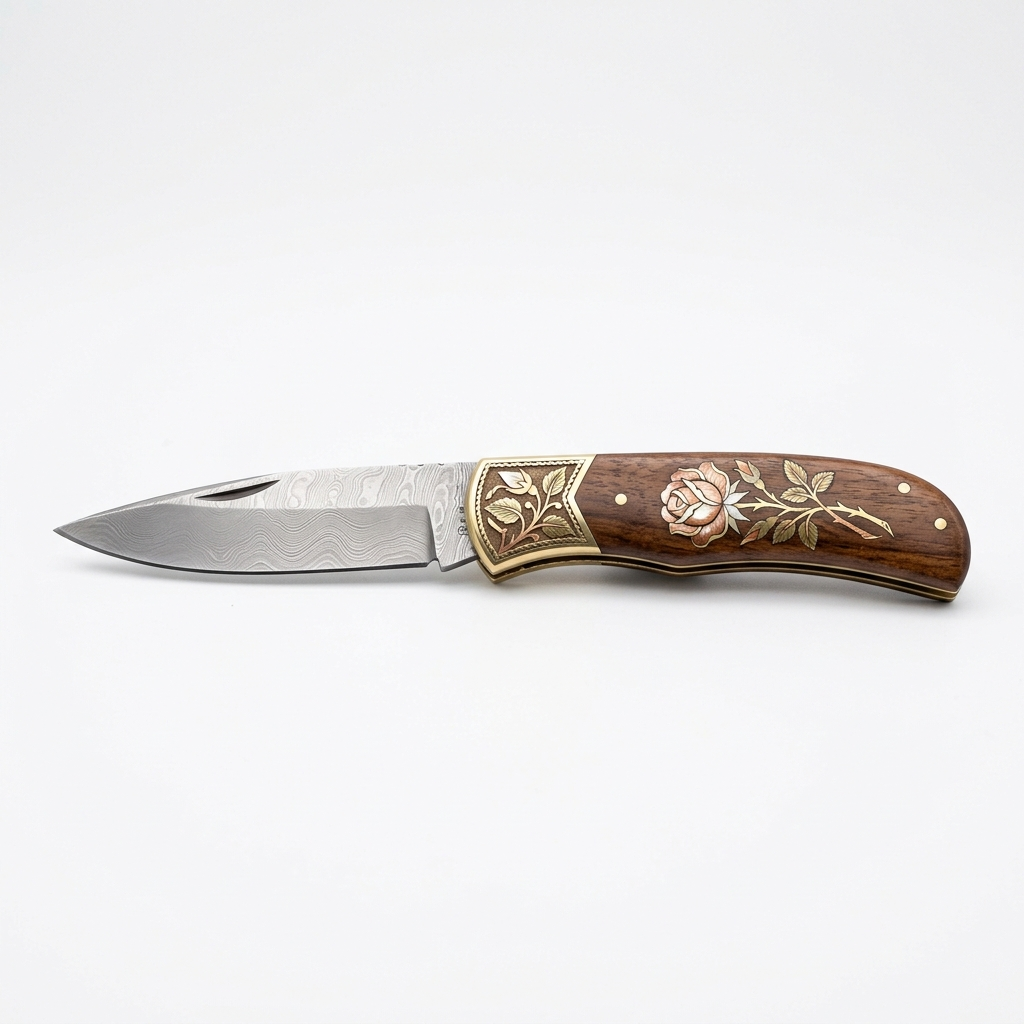 Handcrafted Rose-Inlaid Folding Blade